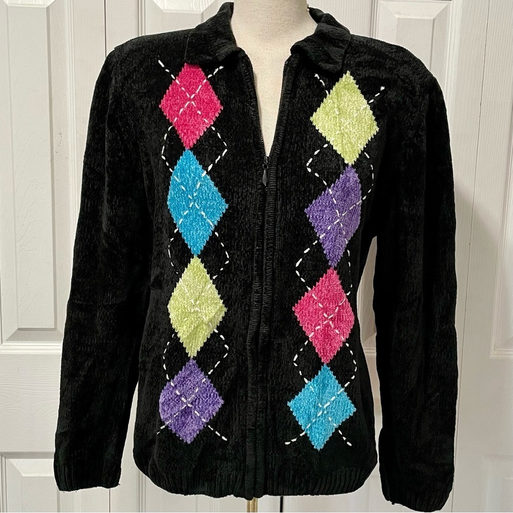 Alfred Dunner Black Jacket with Colorful Argyle Pattern